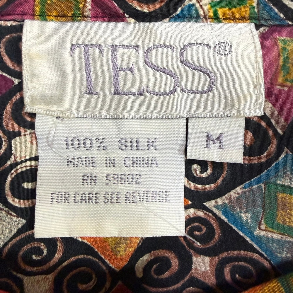 Vintage Tess M Button Up Top 100% Silk Maximalist Artsy Geometric Abstract 90s - Picture 6 of 10